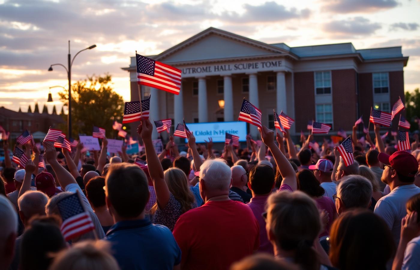 A patriotic crowd waving American flags at a town hall rally